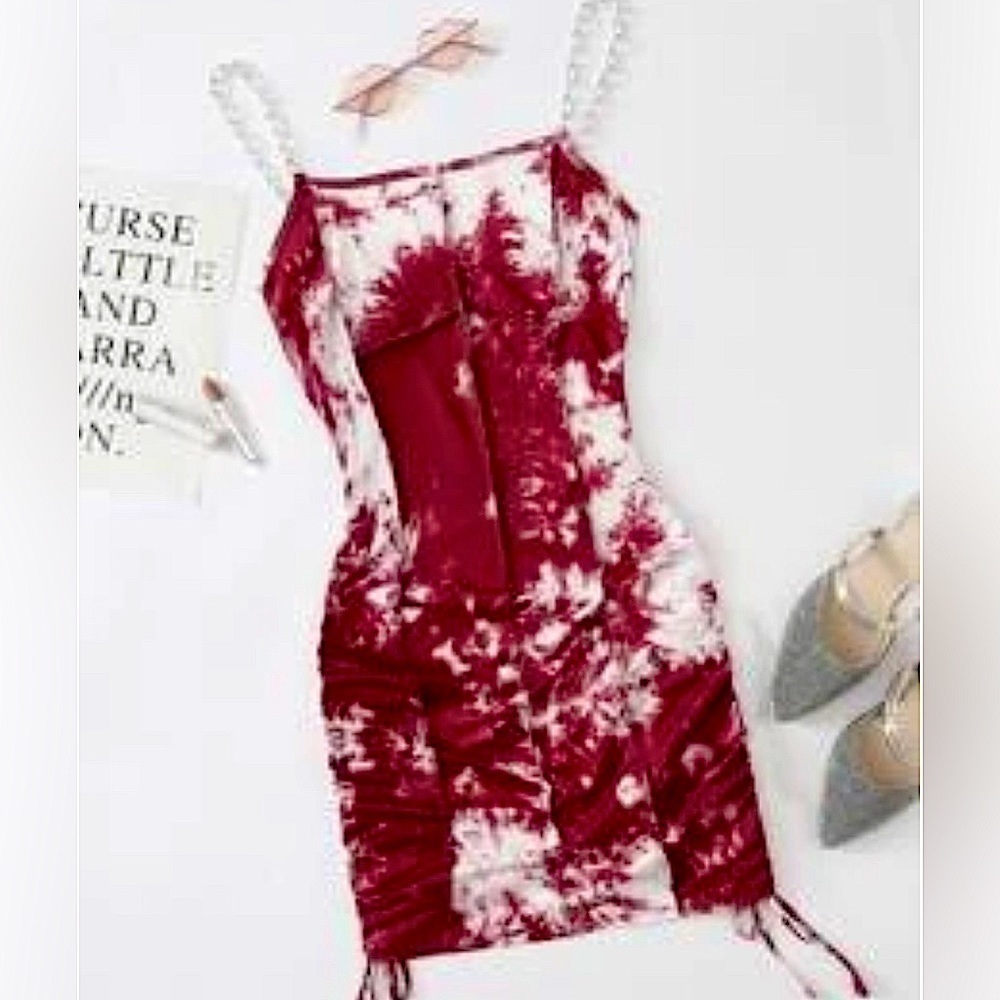 COW PRINT RED MINI RUNCHED UP CHAIN STRAP DRESS